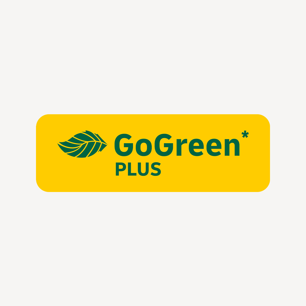 GoGreen PLUS Logo mit dunkelgrünem Blatt-Symbol und Schriftzug auf gelbem Hintergrund