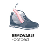 Blauer Sneaker mit herausnehmbarem rosa Fußbett, Seitenansicht mit Produktmerkmal-Illustration