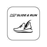 Weißes quadratisches Logo mit schwarzem Umriss zeigt einen Laufschuh und den Text "MT SLIDE & RUN" oben.
