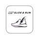 White sneaker icon with motion lines on white background with text 'MT SLIDE & RUN' above in rounded square frame