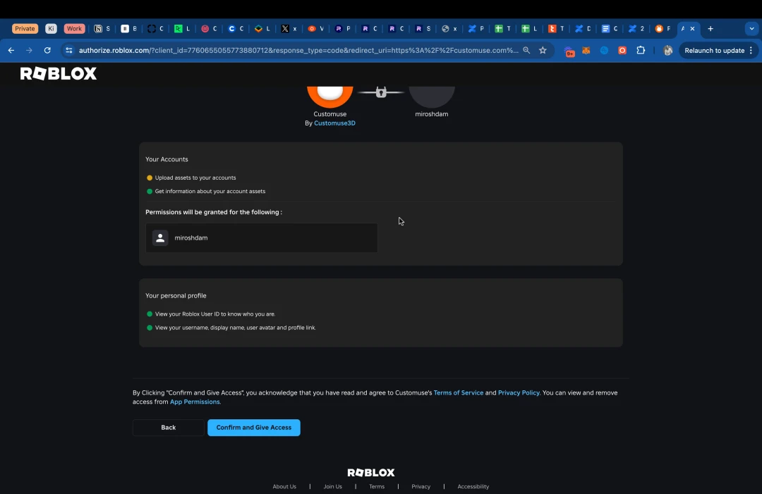 Confirm privileges granted to Customuse on Roblox