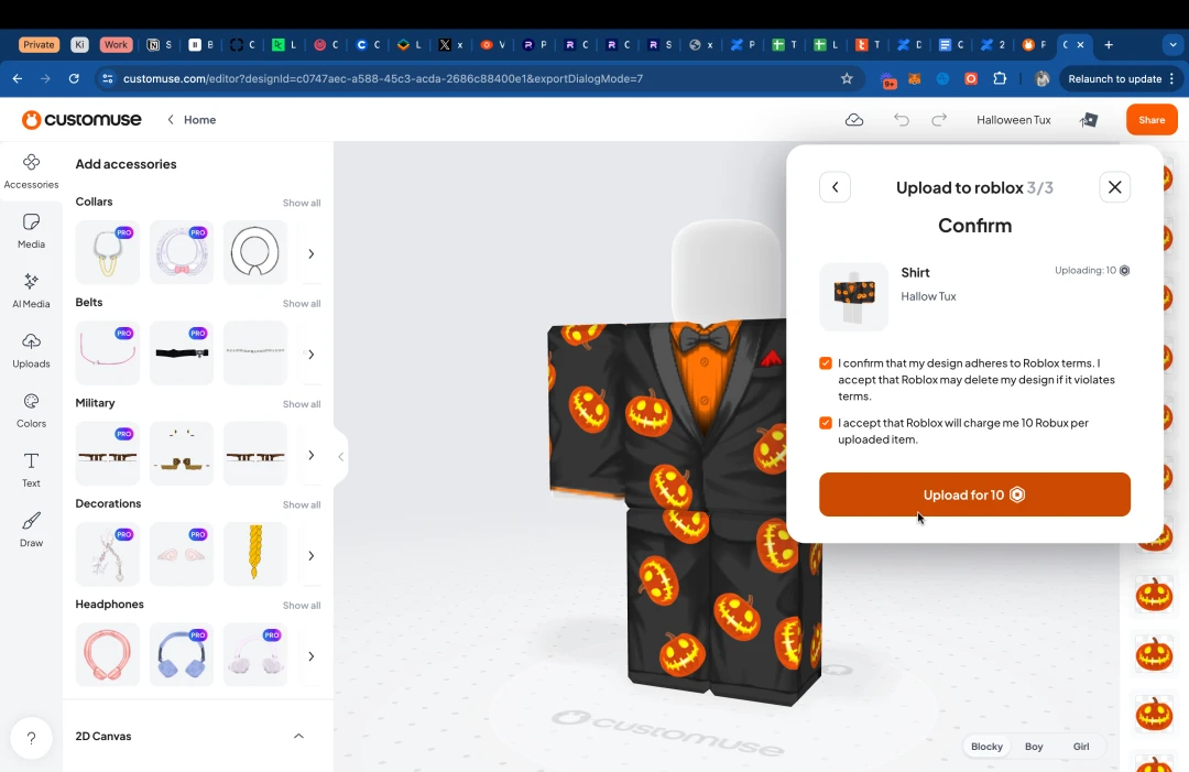 Confirm and upload design to Roblox for 10 Robux