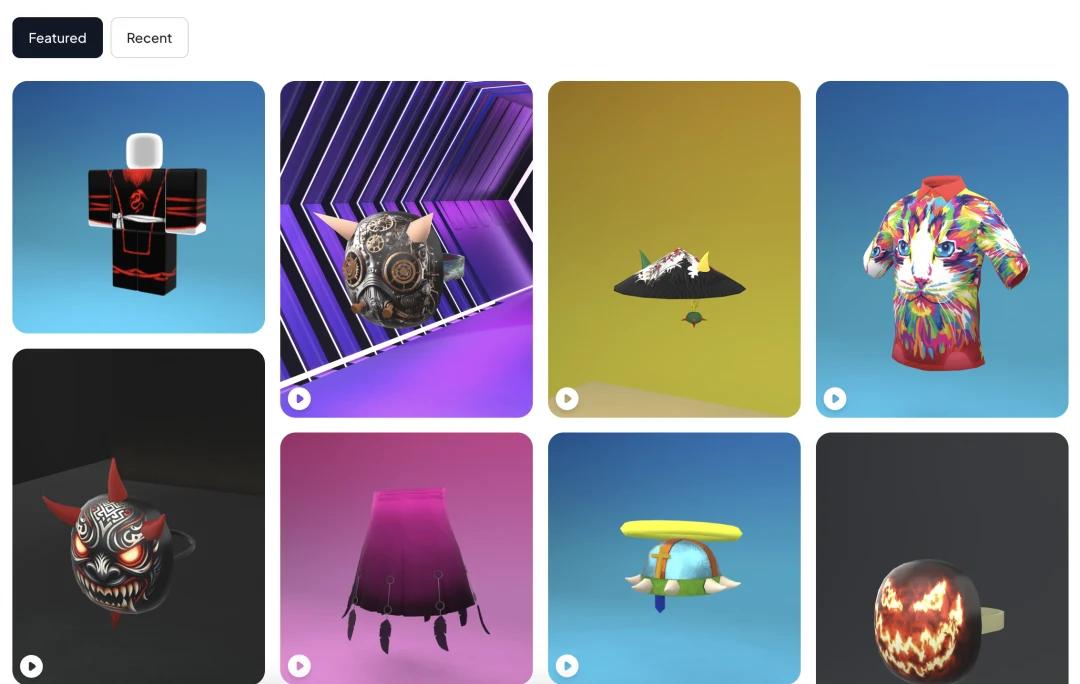 An image of the explore feature on the CustomUse app: It showcases various designs created by the CustomUse community, including Roblox UGC, Roblox shirts, and AR lenses/filters for TikTok and Snapchat.