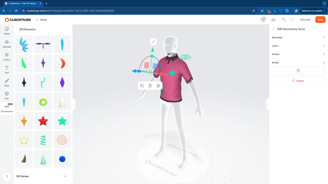 A screenshot of Customuse Editor showing many 3D accessories applied to a Polo shirt design