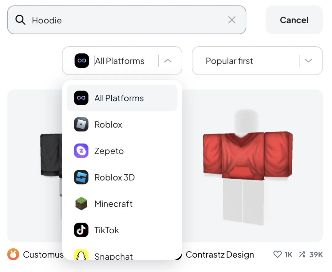 An image of the Search Feature on the Customuse app contains a drop-down menu showcasing the different platforms you can use to design for using Customuse.