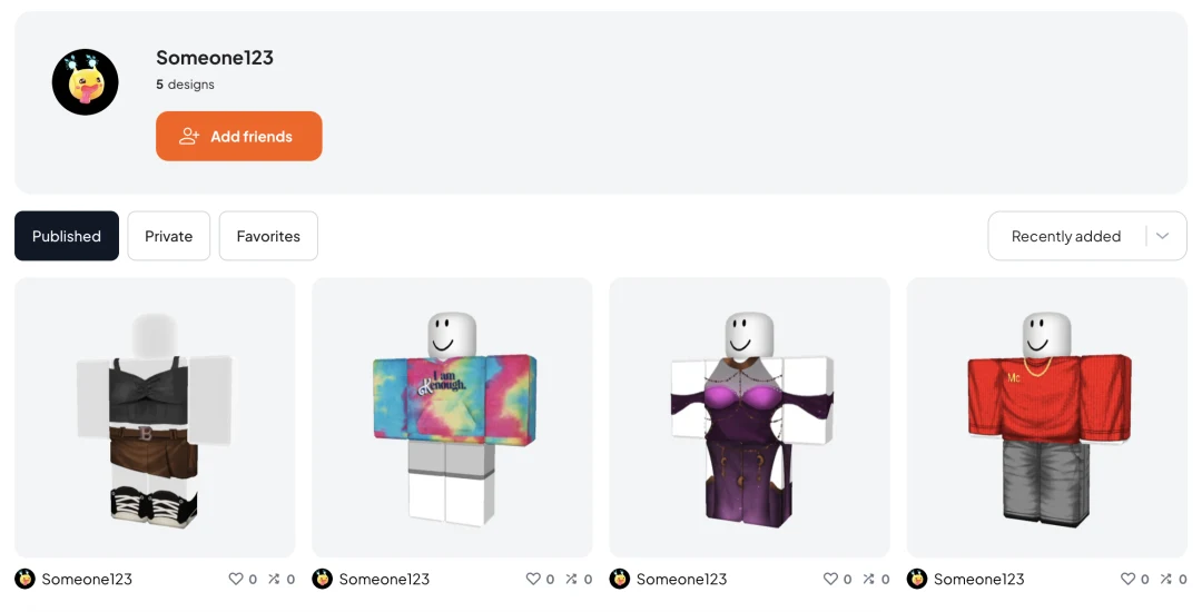 An image of a user's profile page on the custom platform, featuring a Roblox Shirt design and the creator's name.