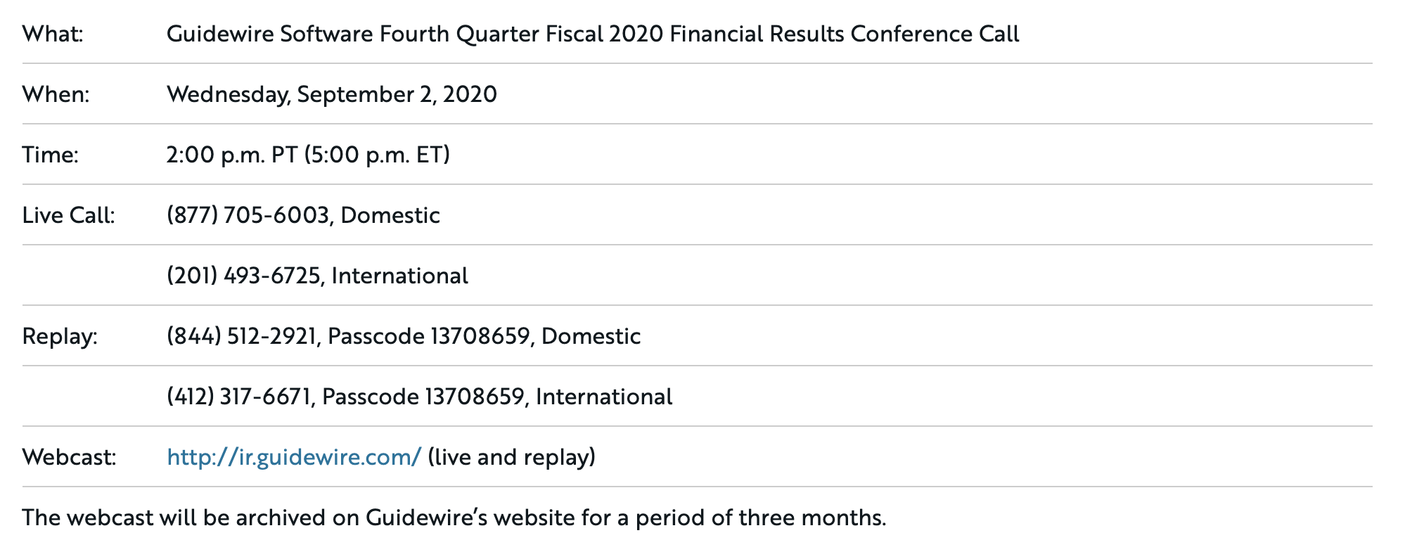 Guidewire Software to Announce Fourth Quarter Fiscal 2020 Financial