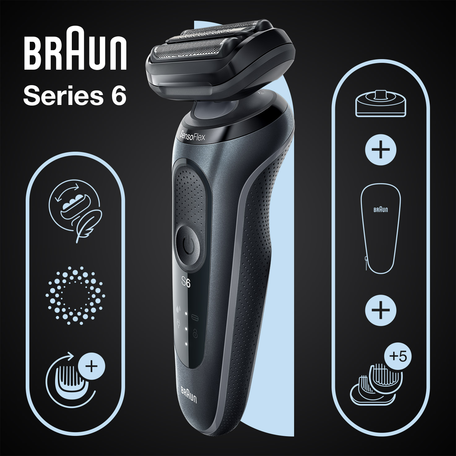 & Series Wet Braun | charging with shaver SG grey. Dry 6 and 61-N4500cs attachment, stand 1