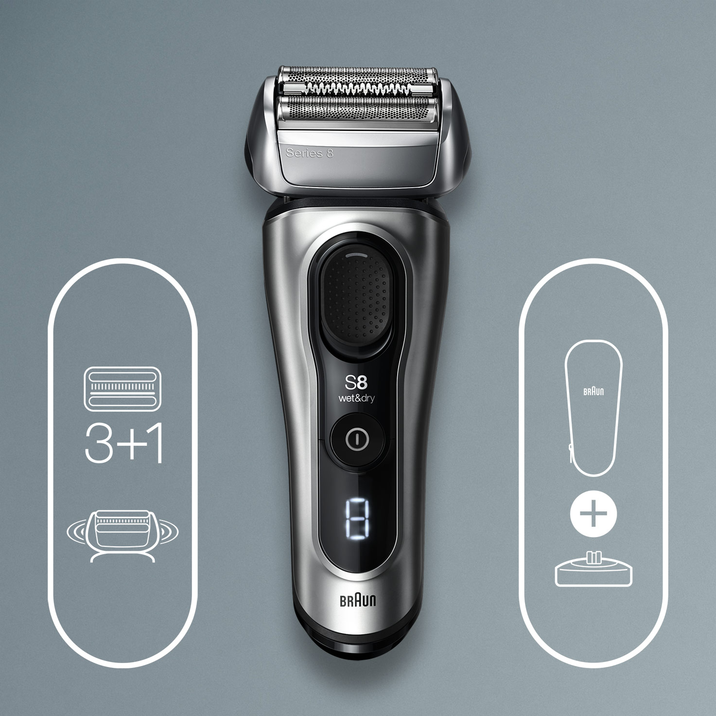 Series 8 8417s Wet & Dry shaver with charging stand and travel case, silver.