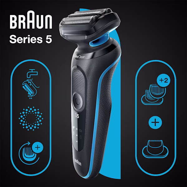 Series 5 51-B1620s Wet & Dry shaver with 2 attachments, blue. Series 5 51-B1620s Wet & Dry shaver with 2 attachments, blue.
