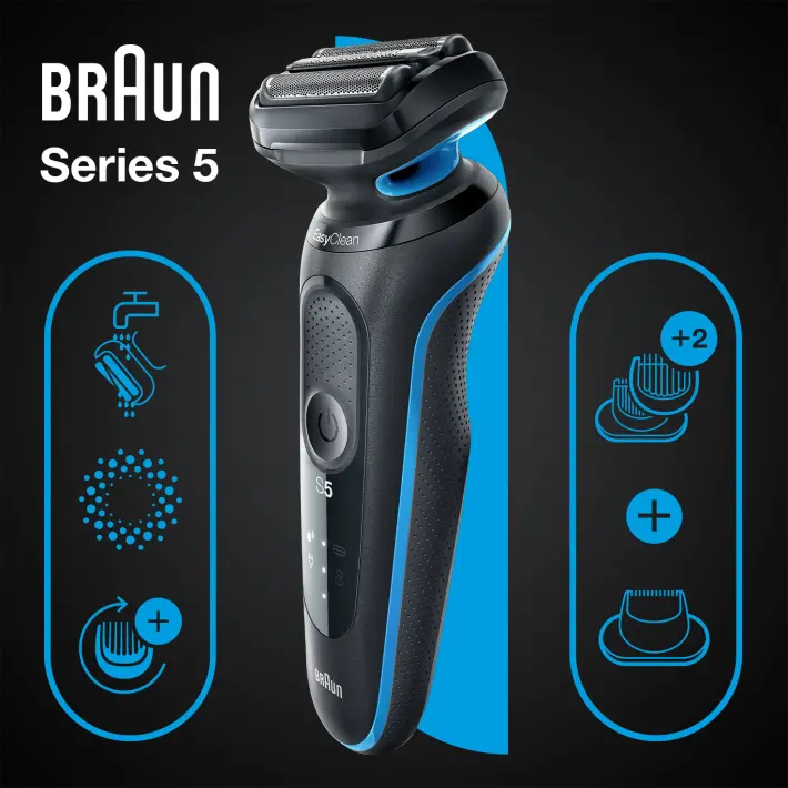 Series 5 51-B1620s Wet & Dry shaver with 2 attachments, blue.