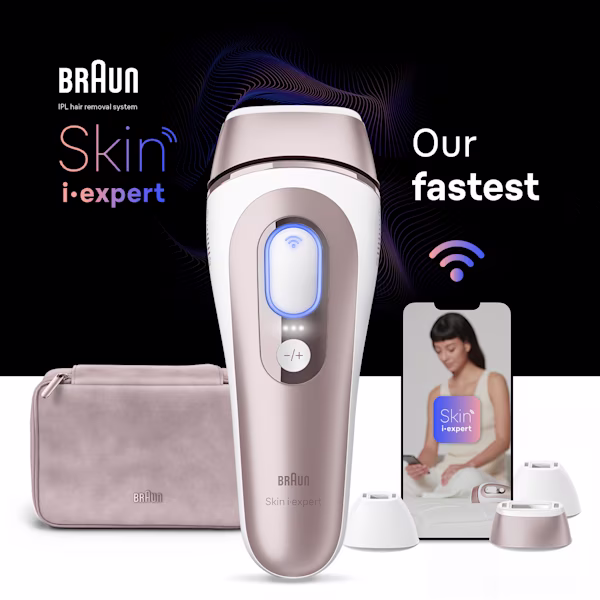 Centered IPL device, behind it a beige pouch, a mobile device with Skin i·expert app and three attachments Centered IPL device, behind it a beige pouch, a mobile device with Skin i·expert app and three attachments