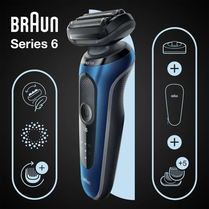 Braun Series 6, Rasoio Elettrico Barba, Custodia da Viaggio, Accessorio  Regolatore Barba incluso, Comfort e Delicatezza sulla Pelle, Idea Regalo,  60-B4500cs Blue