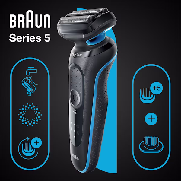 Series 5 51-B1500s Wet & Dry shaver with 1 attachment, blue. Series 5 51-B1500s Wet & Dry shaver with 1 attachment, blue.