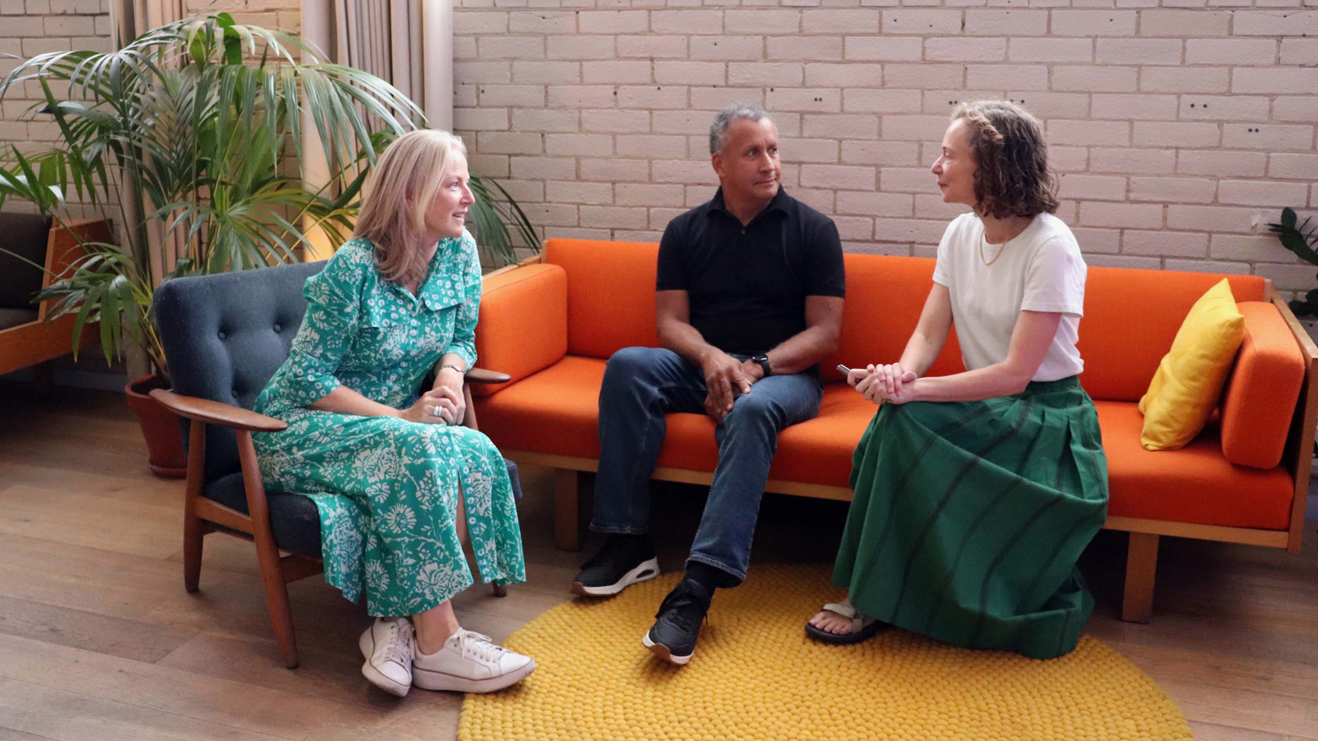 Simon Bouton on the ustwo sofa with CEO Nicki Sprinz and Chair Sue Siddall