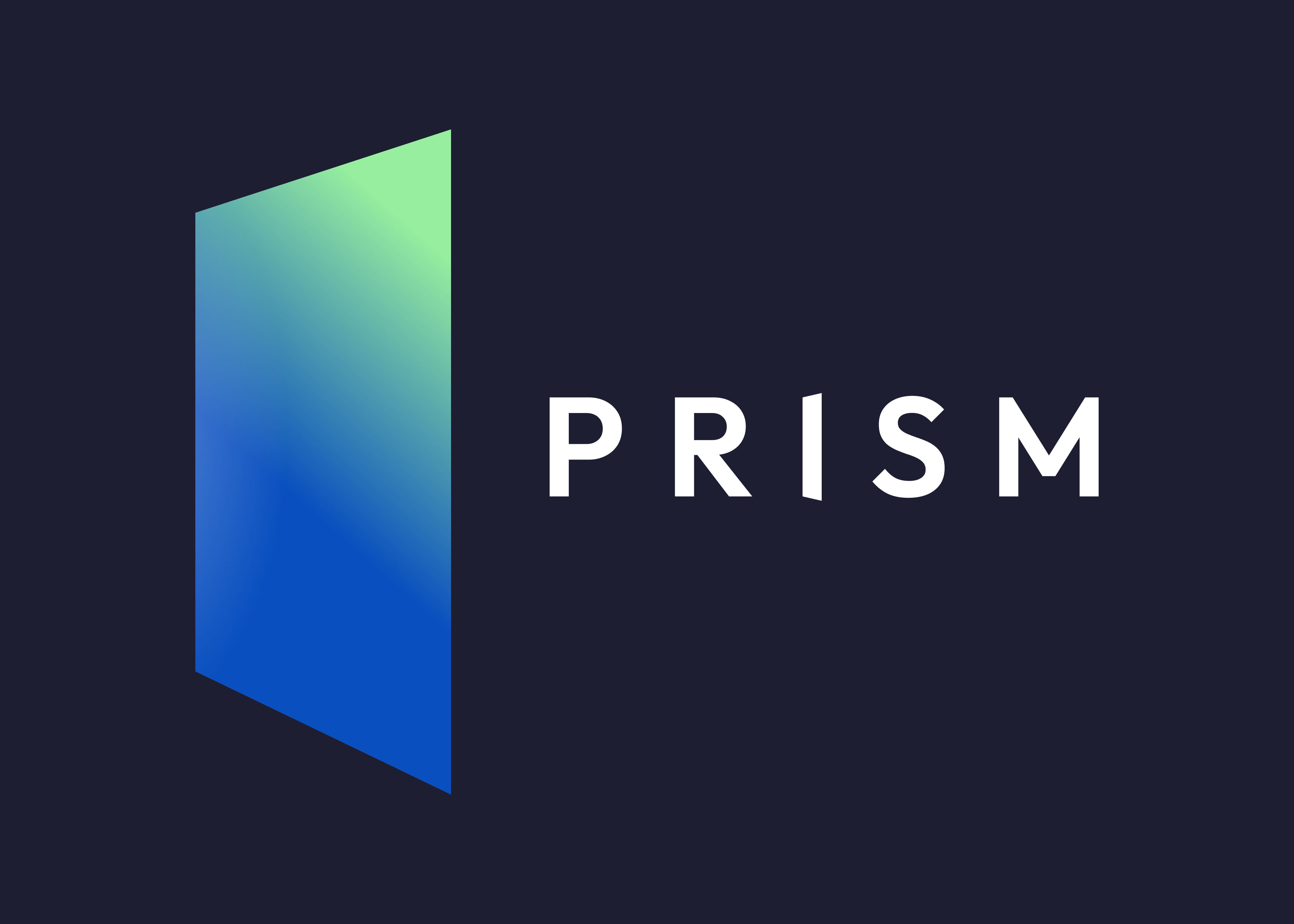 Slanted square with a green to blue gradient and the word Prism in white next to it.