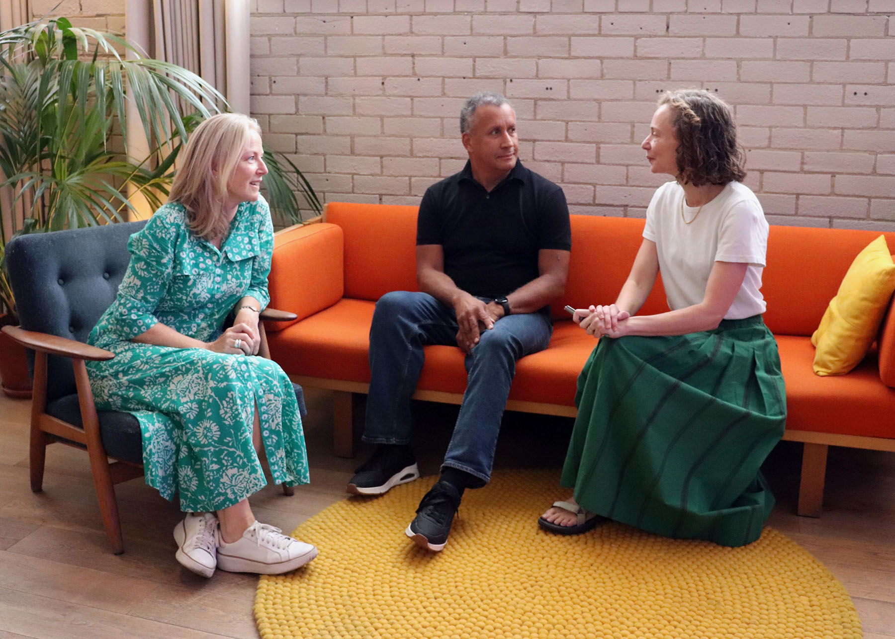 Simon Bouton on the ustwo sofa with CEO Nicki Sprinz and Chair Sue Siddall