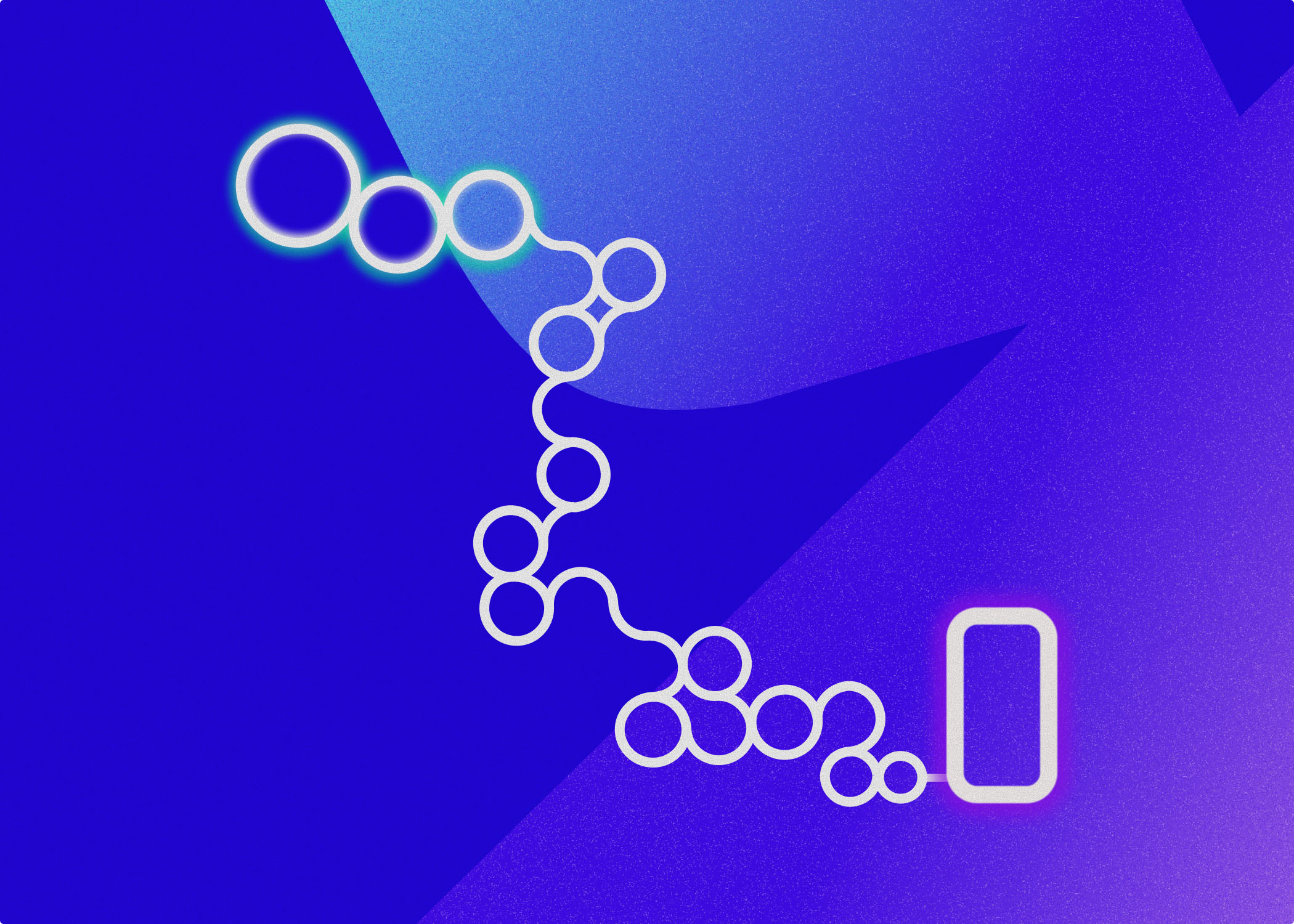 Connected white circles that travel across the length of the image and move toward a glowing phone outline.