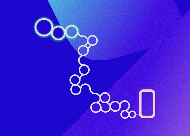 Connected white circles that travel across the length of the image and move toward a glowing phone outline.