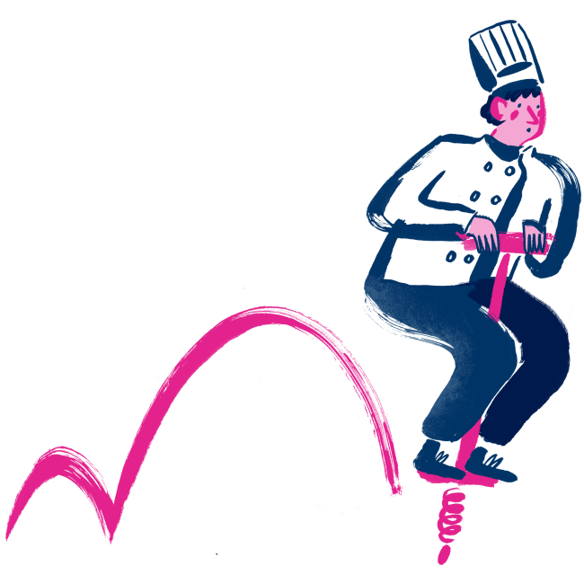 Illustration of a chef switching his energy supplier on a pogo stick