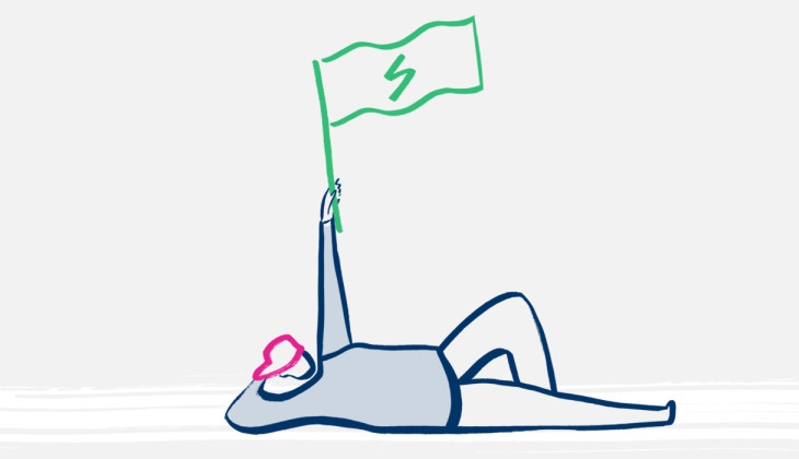 An illustration of a Bulb member waving a flag with a lightening bolt on it
