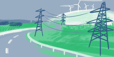 An illustration of electricity pylons in a rural setting, with wind turbines on a hill in the background.