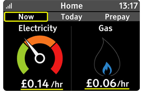 An image of the information shown on screen when the Now tab is selected. There is a dial for electricity consumption on the left and a flame showing gas consumption on the right.