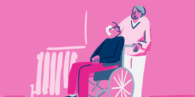 Illustration of an elderly couple staying toasty by a radiator
