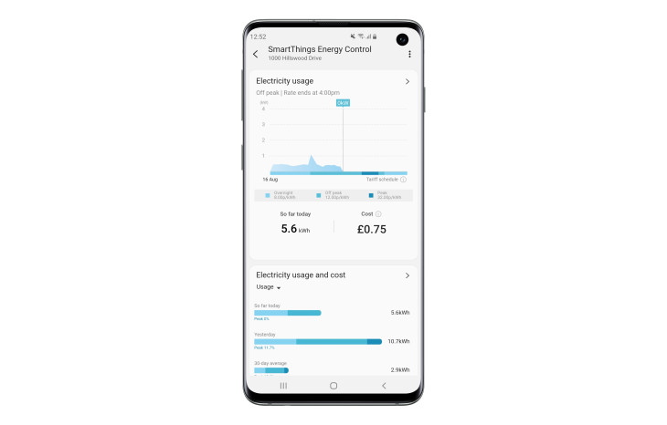 The SmartThings app UI as shown on the Galaxy S10 smart phone