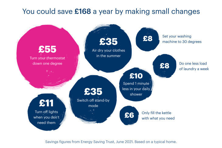 A diagram showing how different actions around the house can save you money on your yearly energy bill.