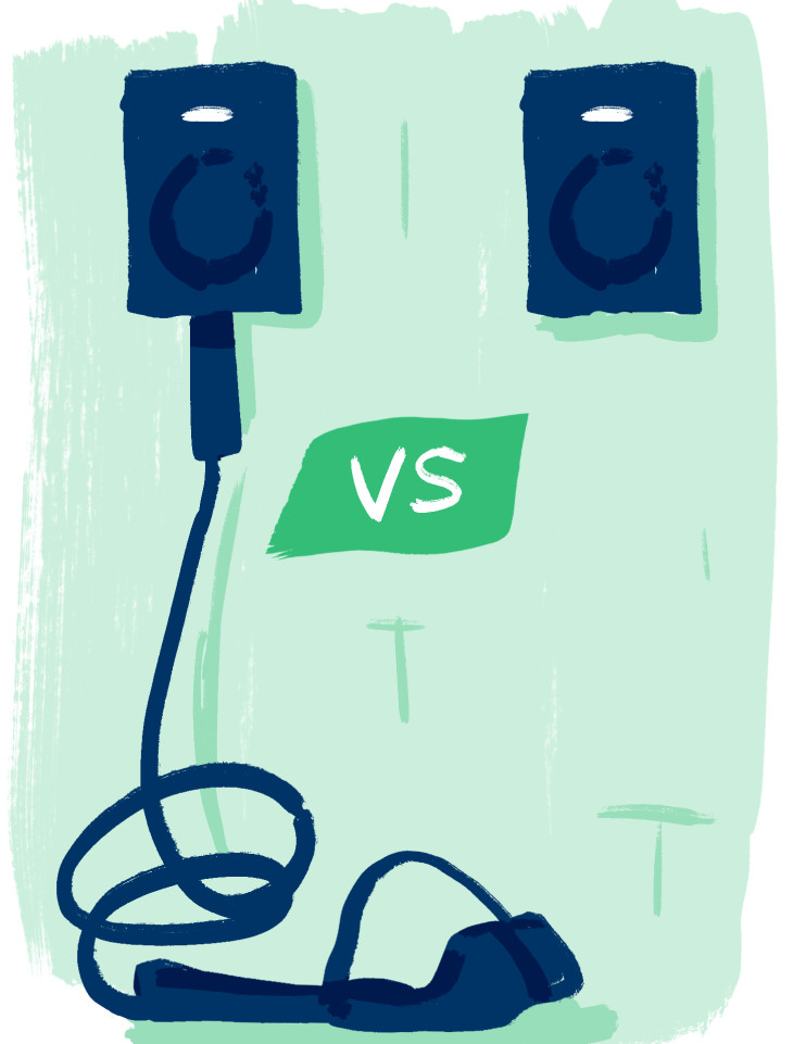 Illustration of a tethered charger and a universal charger.