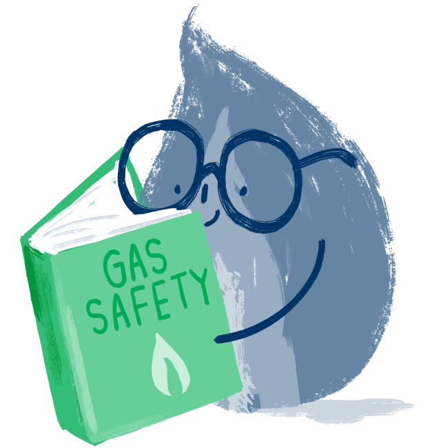 A flame wearing glasses and reading the gas safety guide