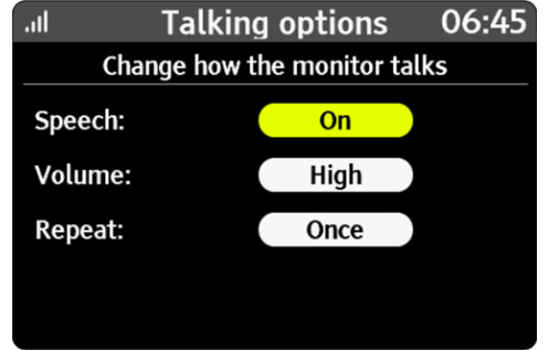 An illustration of the talking options screen, showing the speech, volume and repeat buttons.