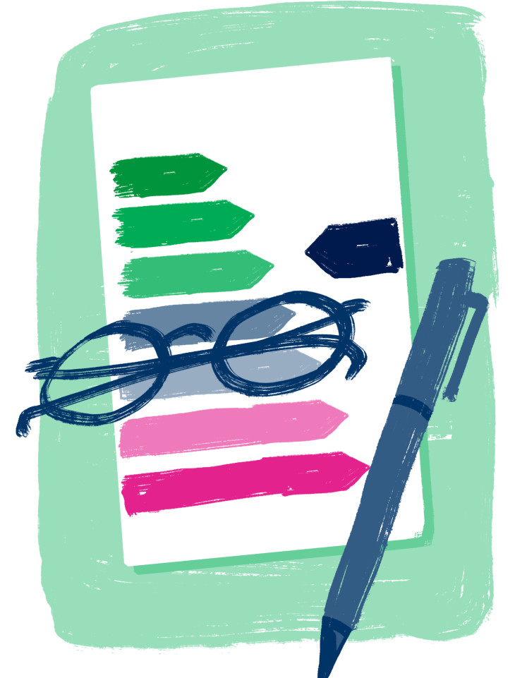 An illustration of a pair of glasses and a pen on an energy label
