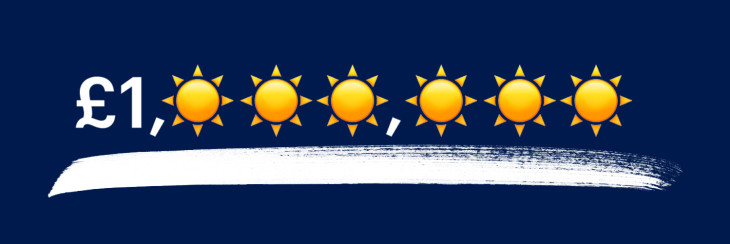 An illustration showing the number £1 million, with each zero represented by a shining sun.