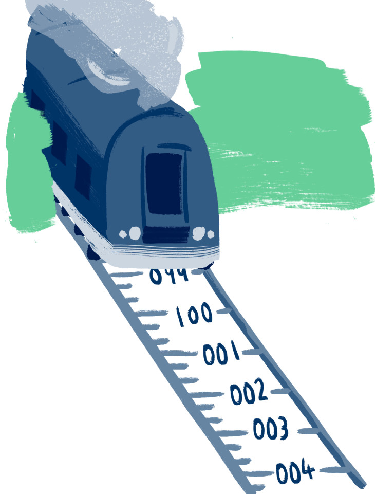 Illustration of a train with a tape measure as its track. 
