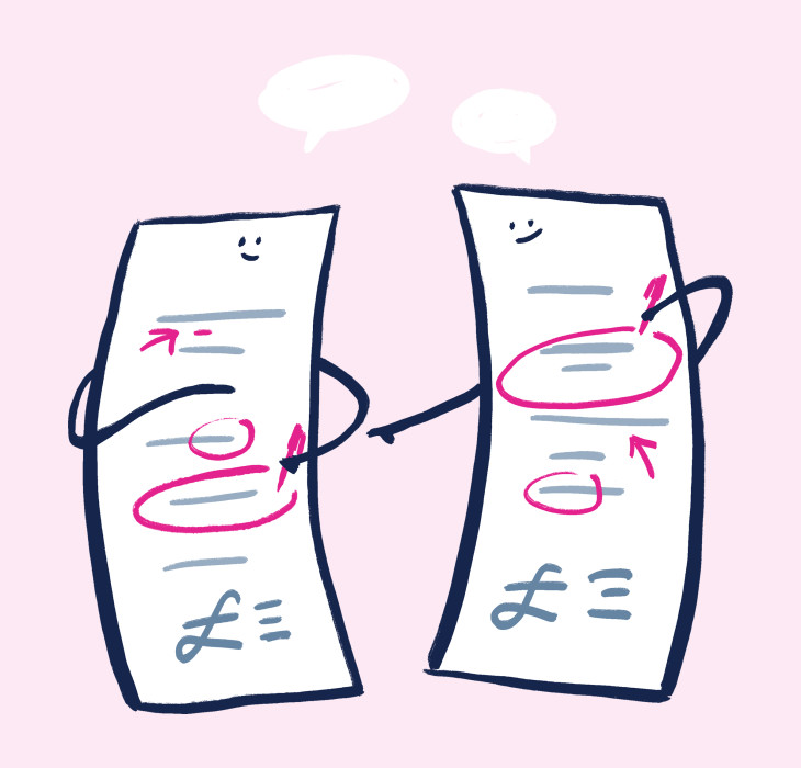 illustration of two happy energy bills comparing themselves