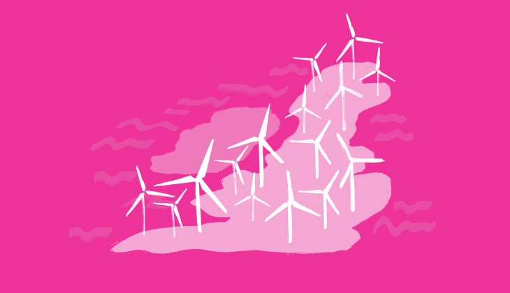 Illustration wind turbines pink background