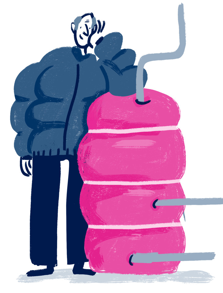 Illustration of a man wearing matching puffa jackets with his hot water tank. 