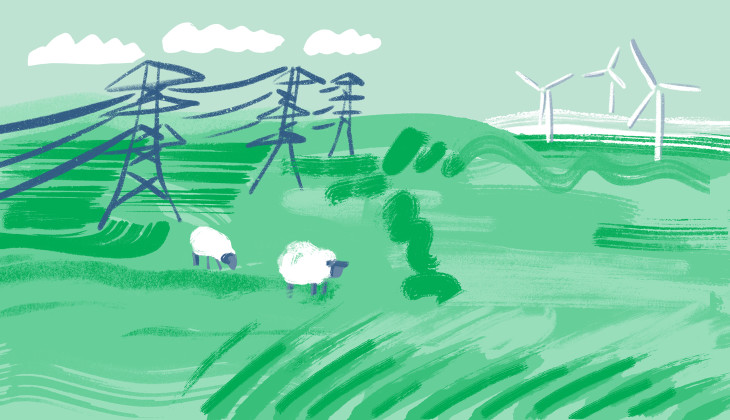 An illustration of electricity pylons in the countryside. We can see a wind farm in the distance and sheep grazing.