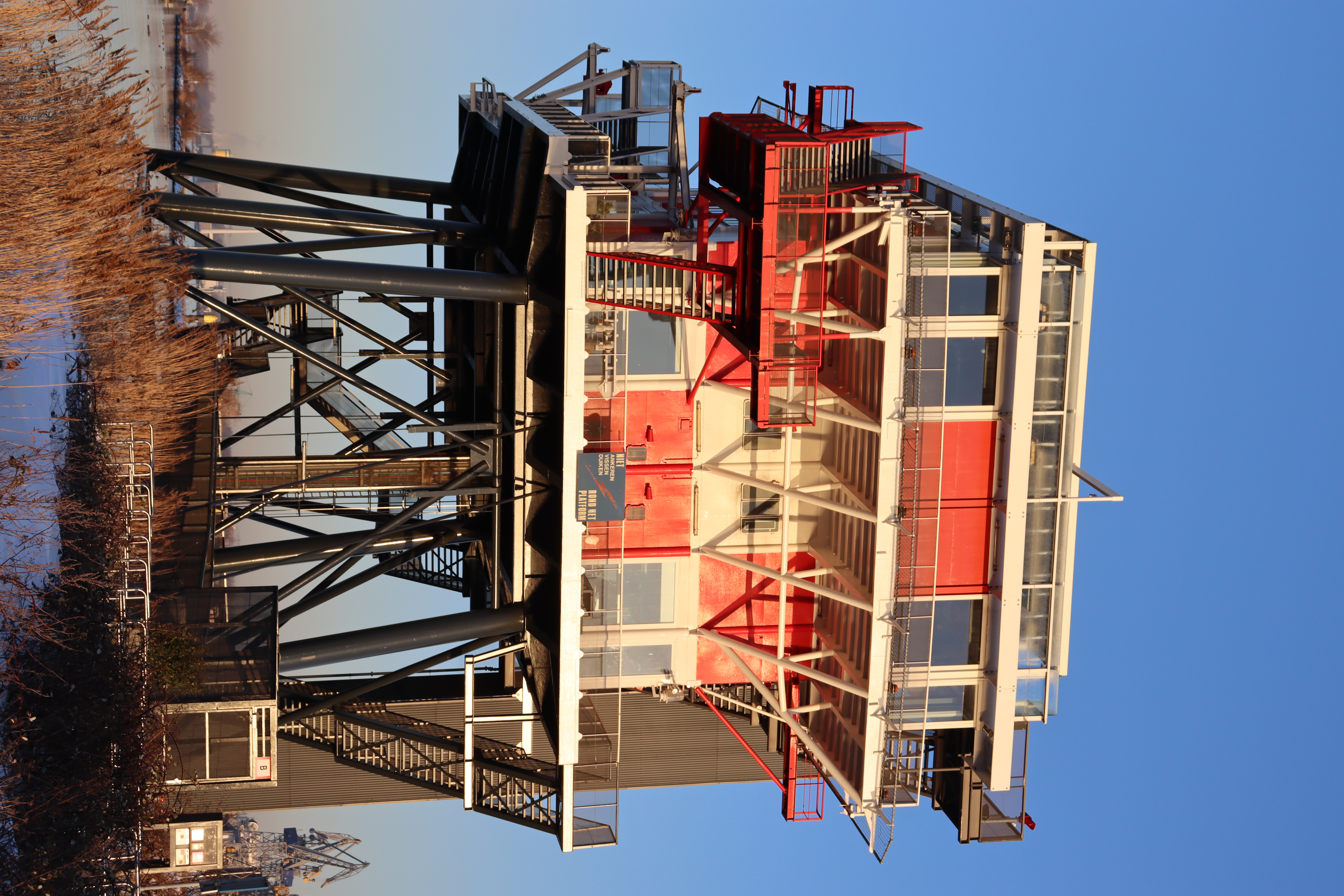 Big building with red accents