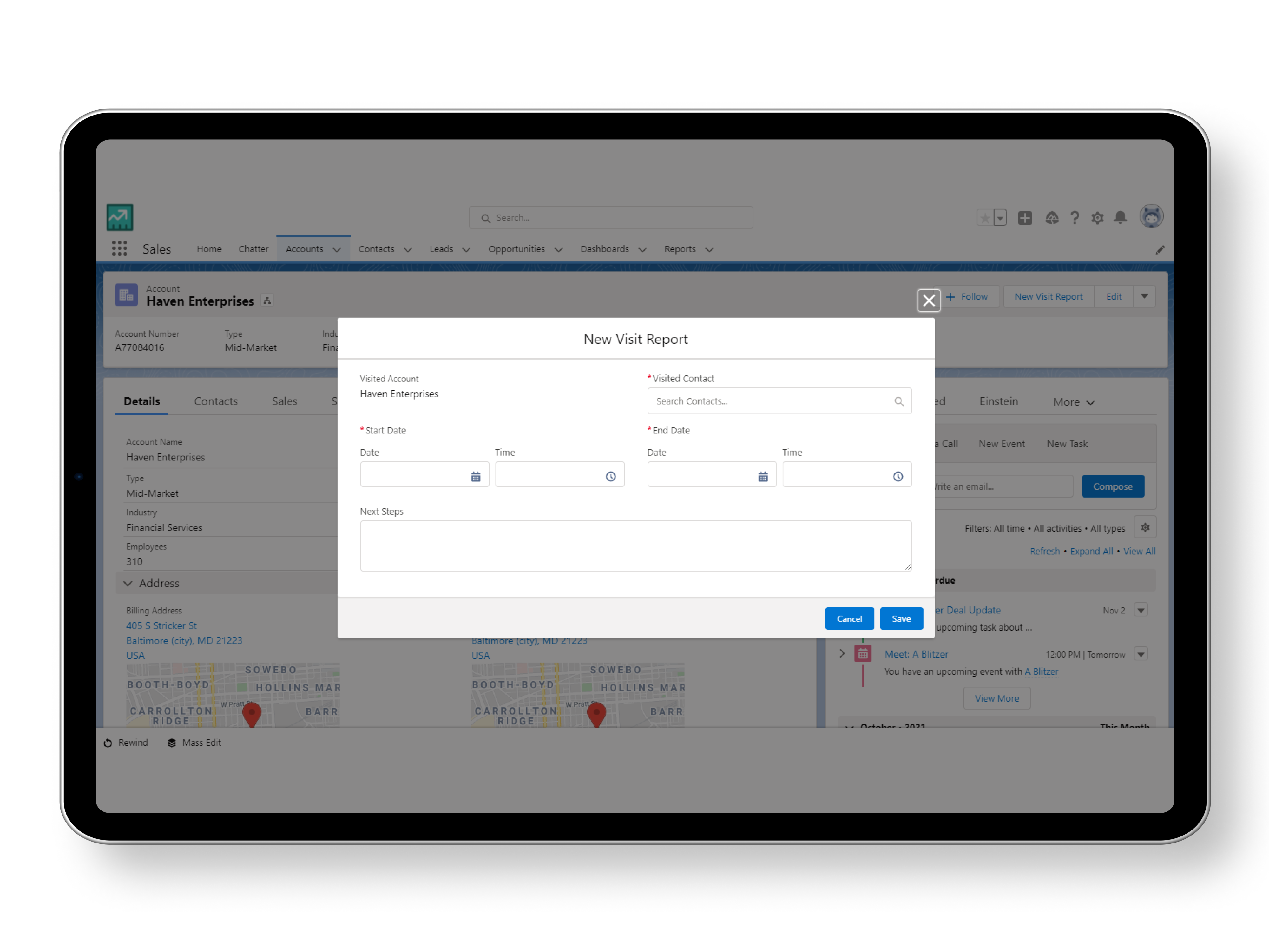 Screenshot eines Screenflows in Salesforce, mit dessen Hilfe ein neuer Visit Report erstellt wird. Die Felder visited Account und Contact sowie das Datum und die nächsten Schritte werden angezeigt. 