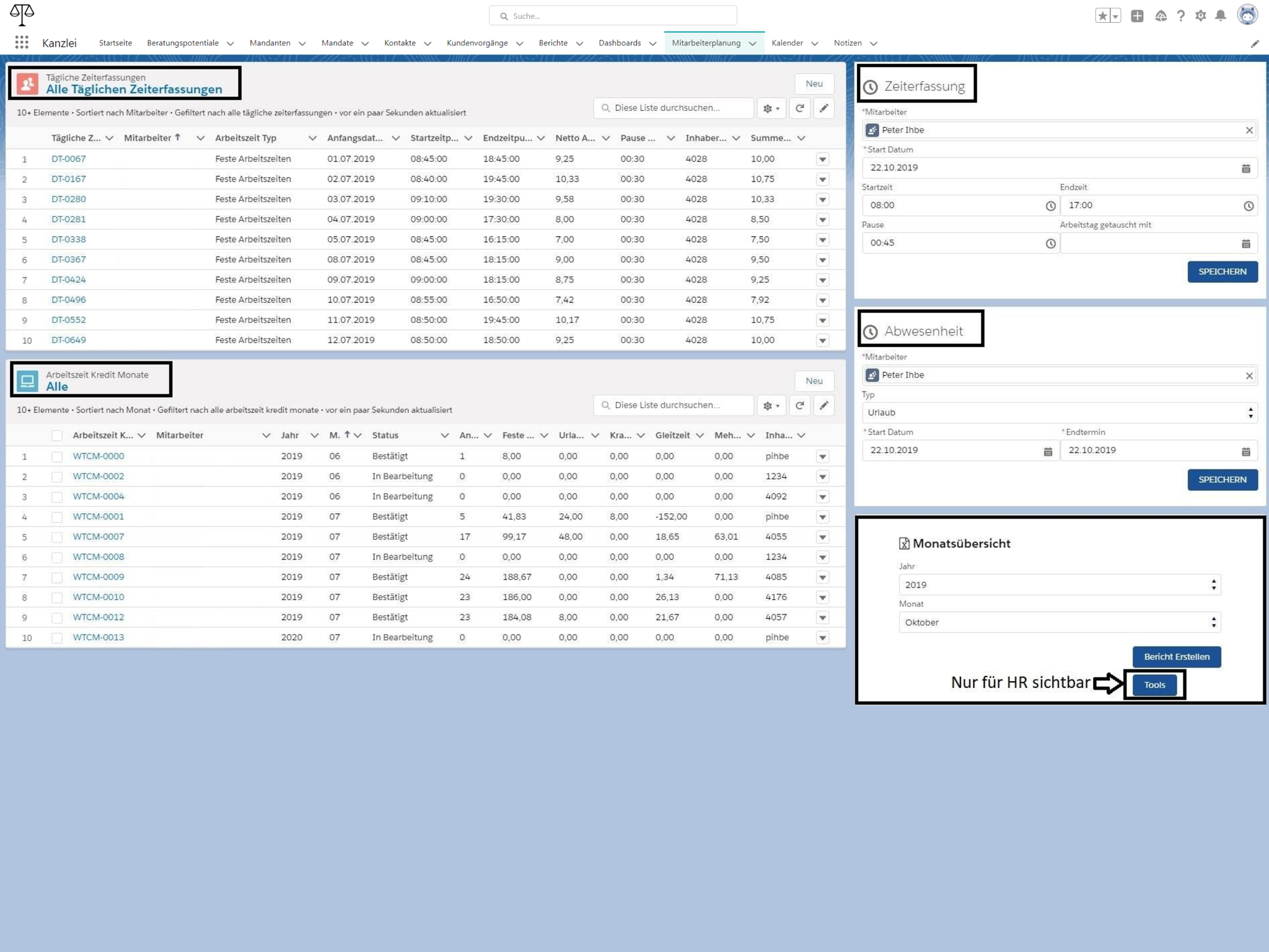 Screenshot eines Zeittracking Moduls, das auf der Salesforce Maske basiert. Damit kann die tägliche Zeiterfassung übersichtlich dargestellt werden.