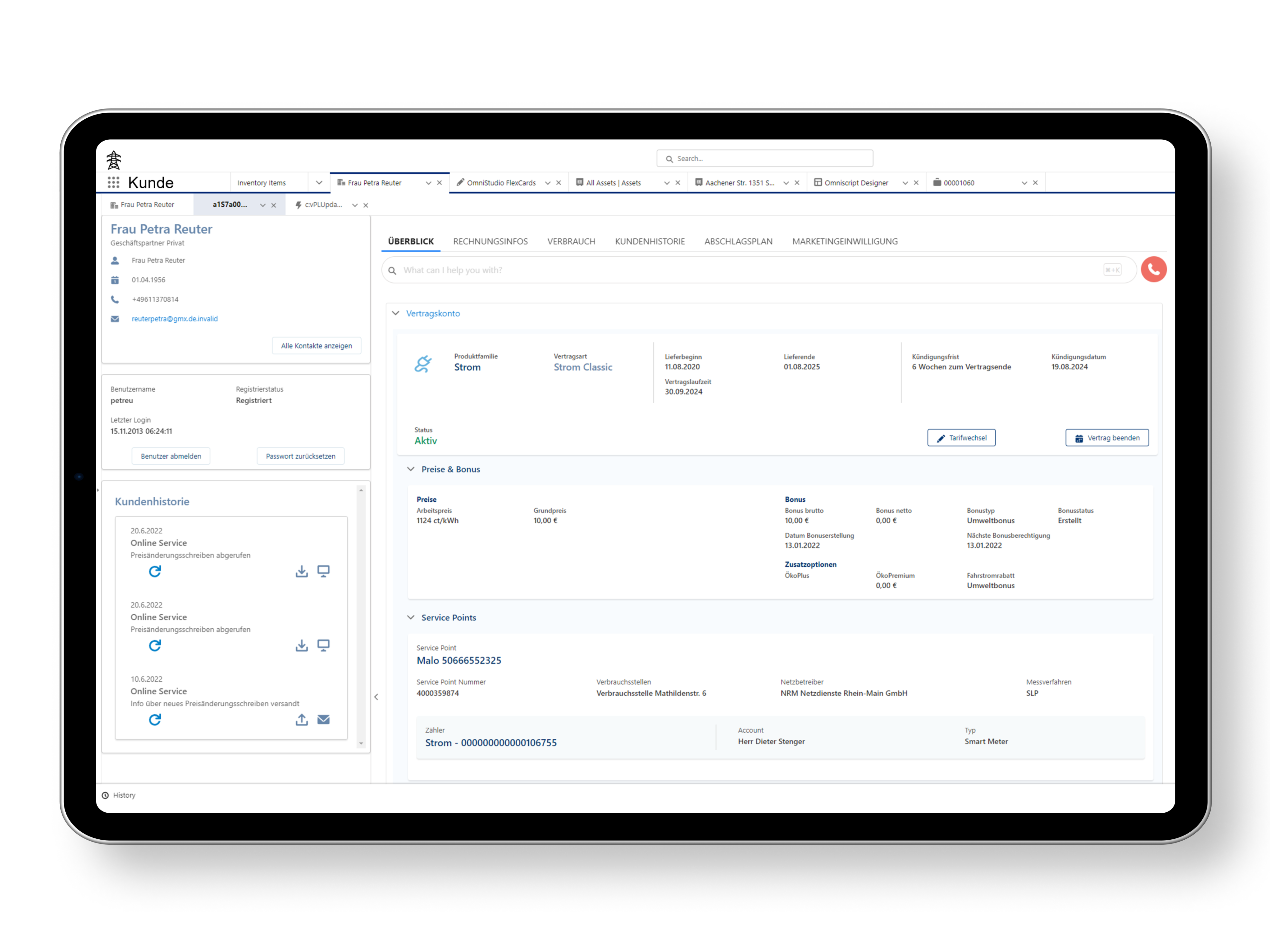 The Salesforce interface shows the page layout of an end customer. All information like name, contact details & address are displayed. More information can be viewed via tabs Customer History, Billing Information & Consumption.