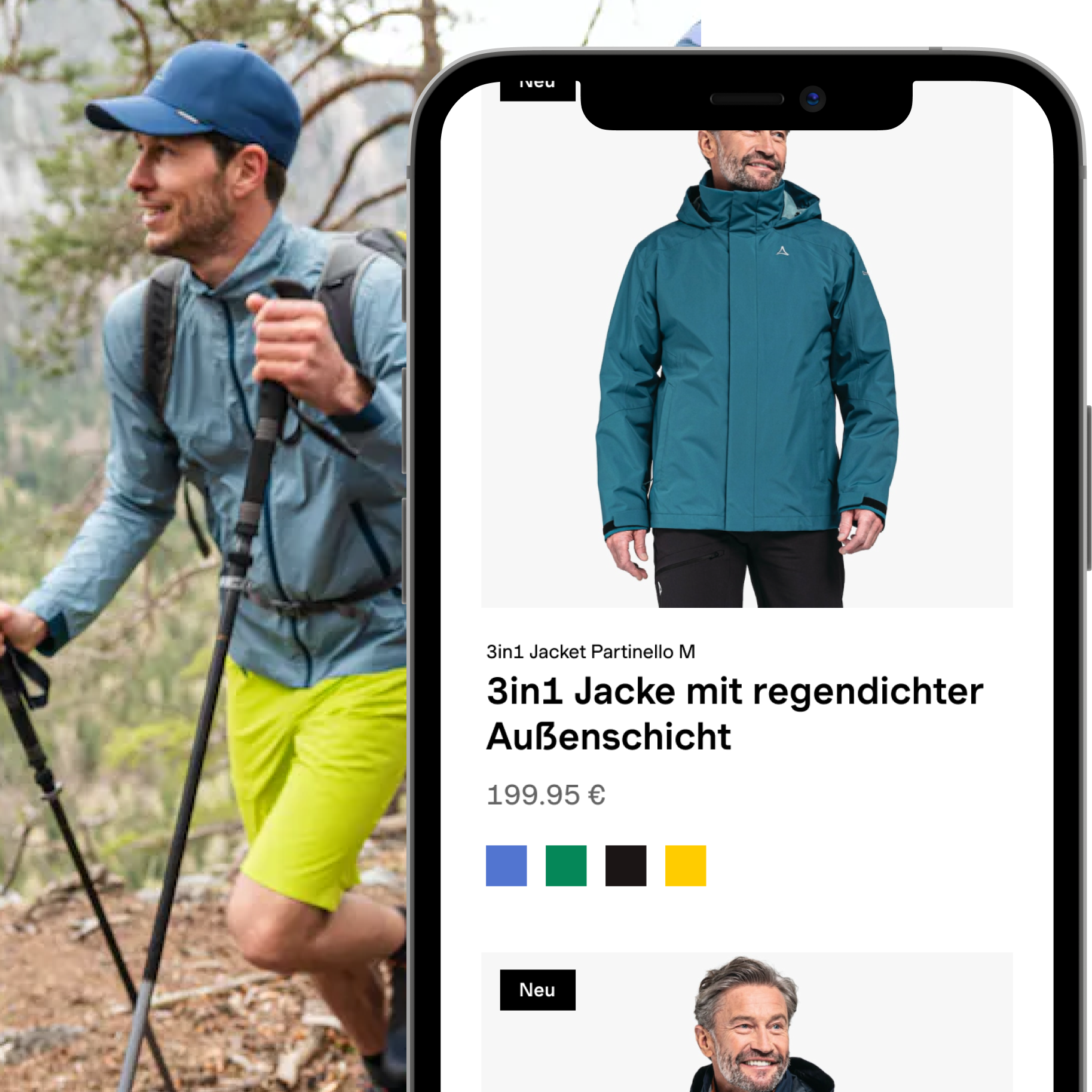 Im Vordergrund ist ein Smartphone-Rahmen zu sehen, der einen Online-Shop für sportliche Outdoor-Bekleidung präsentiert, im Hintergrund wandert ein Mann