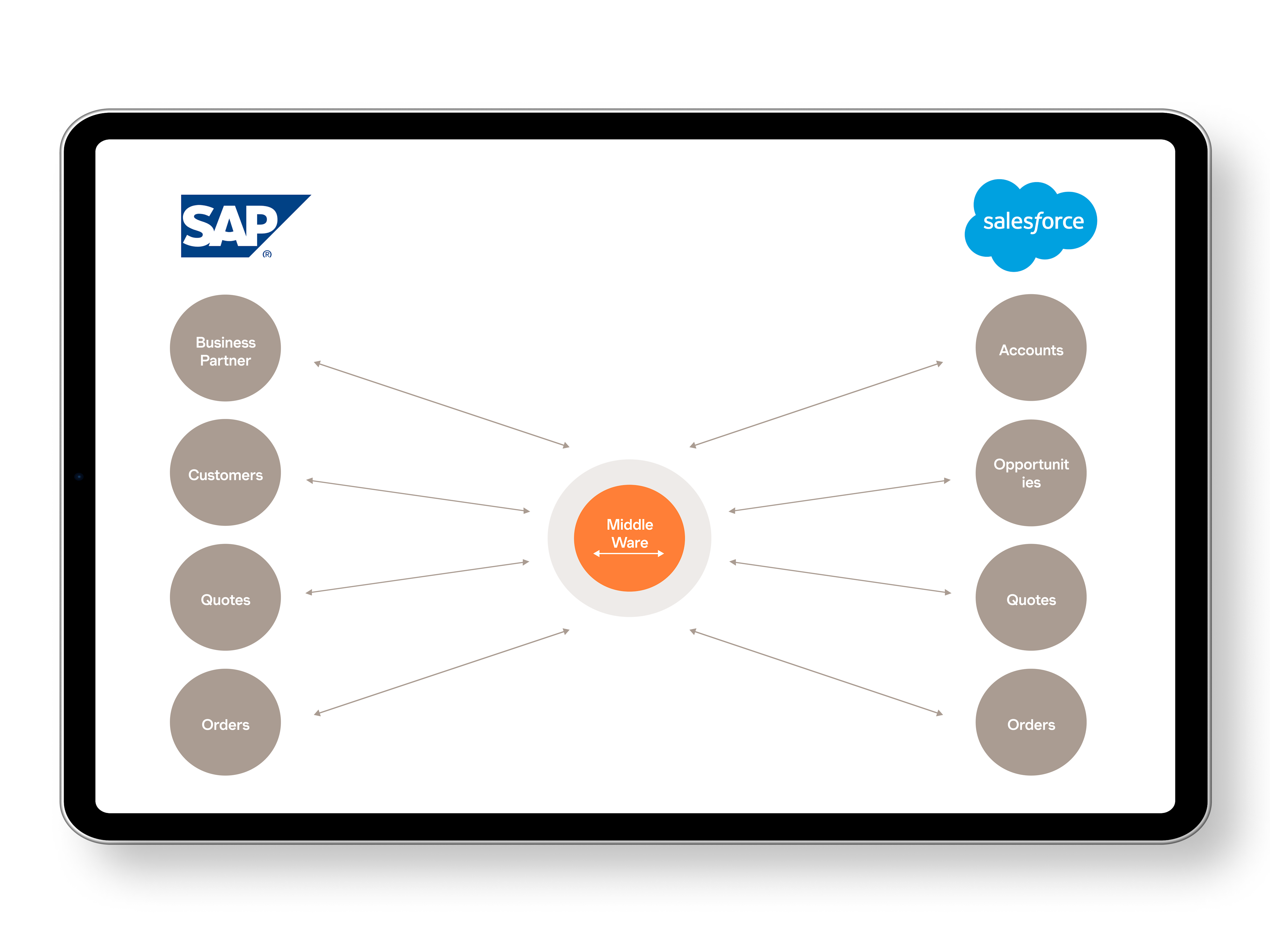 Zu sehen sind die verschiedenen Objekte, einmal unter SAP und einmal unter Salesforce. Diese sind in der Mitte durch eine Middleware verbunden