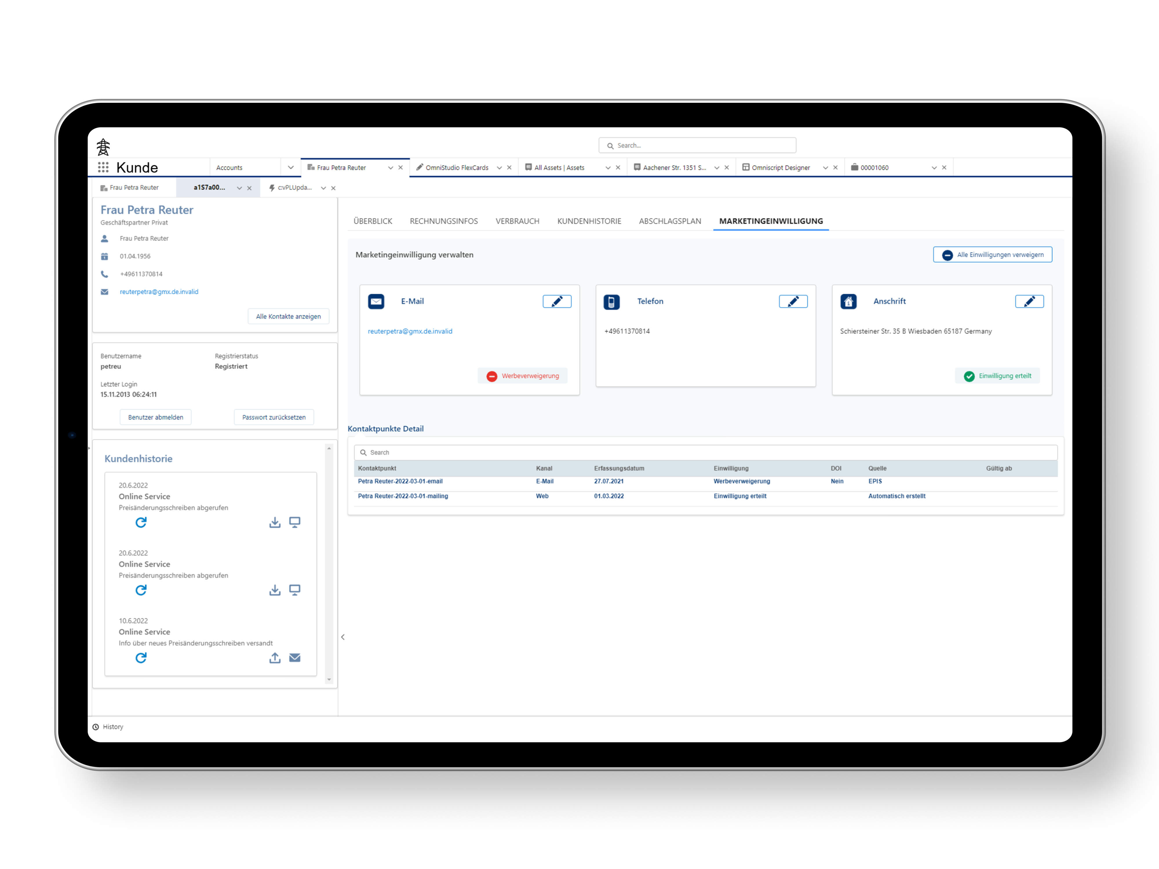 On the Salesforce interface, you can see the page layout of an end customer with the Marketing Consent tab open. The various contact options can be seen. The email field has an icon called Advertising Refusal. 