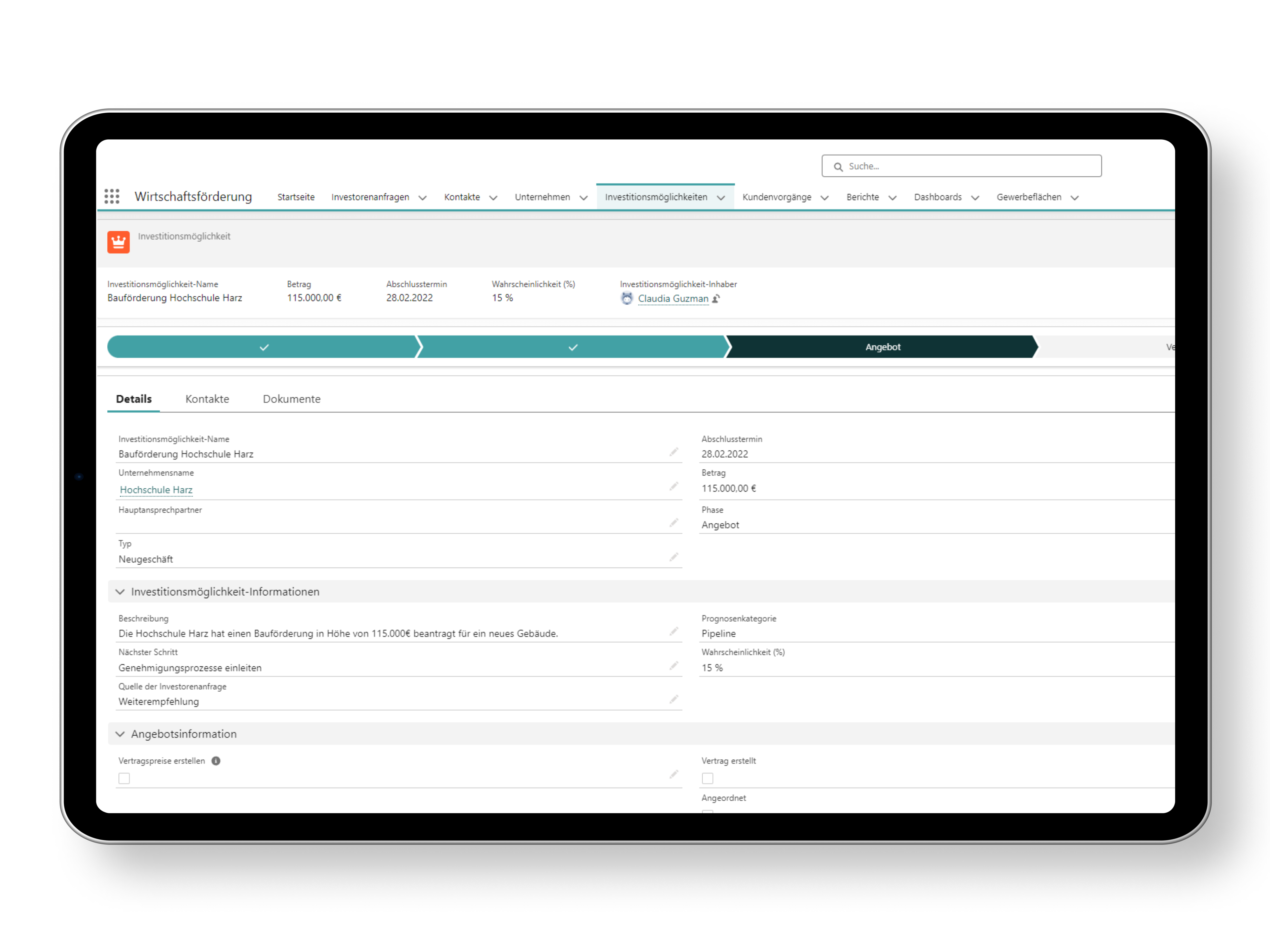 Screenshot of the Salesforce screen showing an investor request including the sales path and key data.