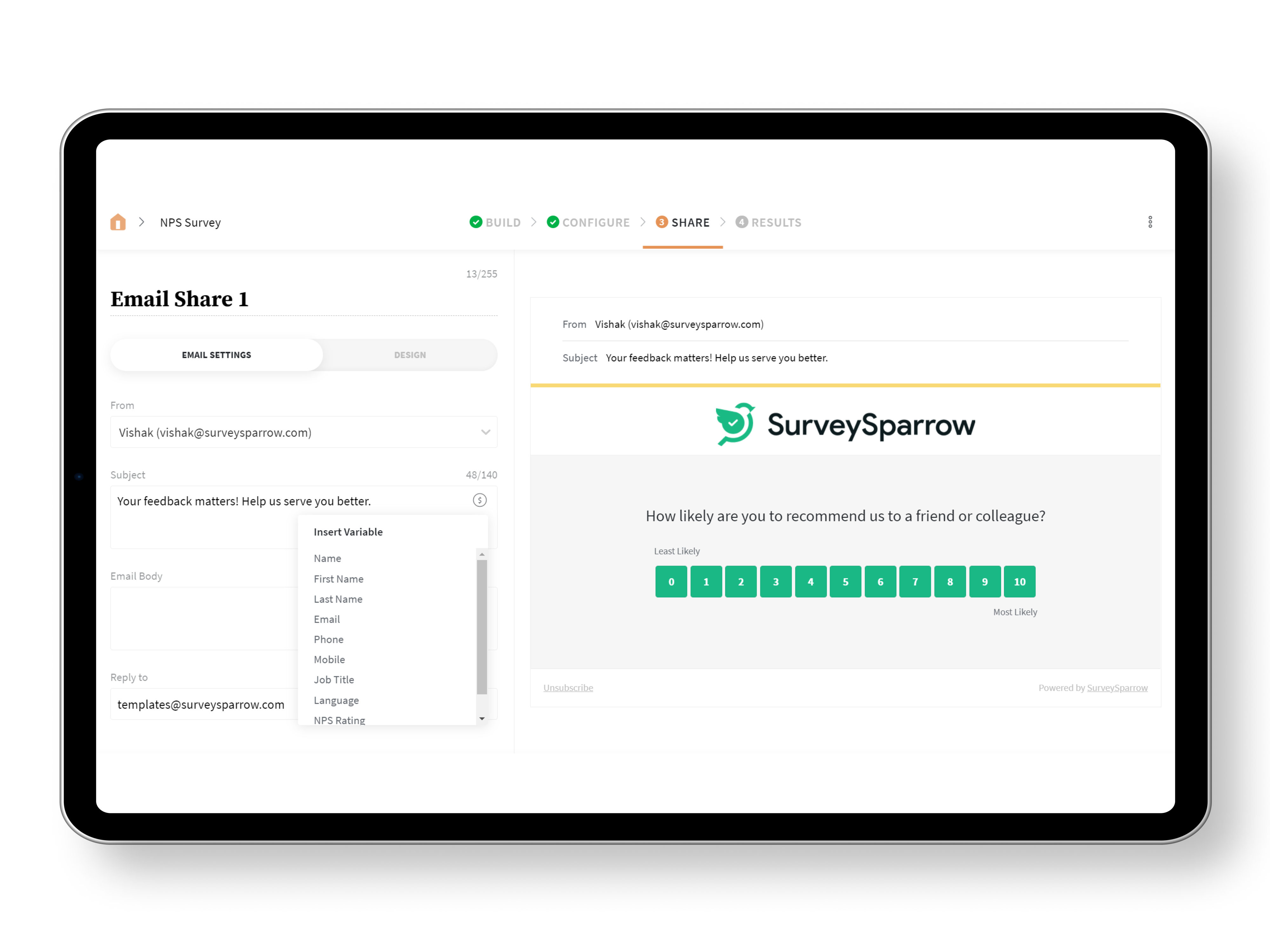 Screenshot of a template builder that is used to build an email template that includes the NPS survey.