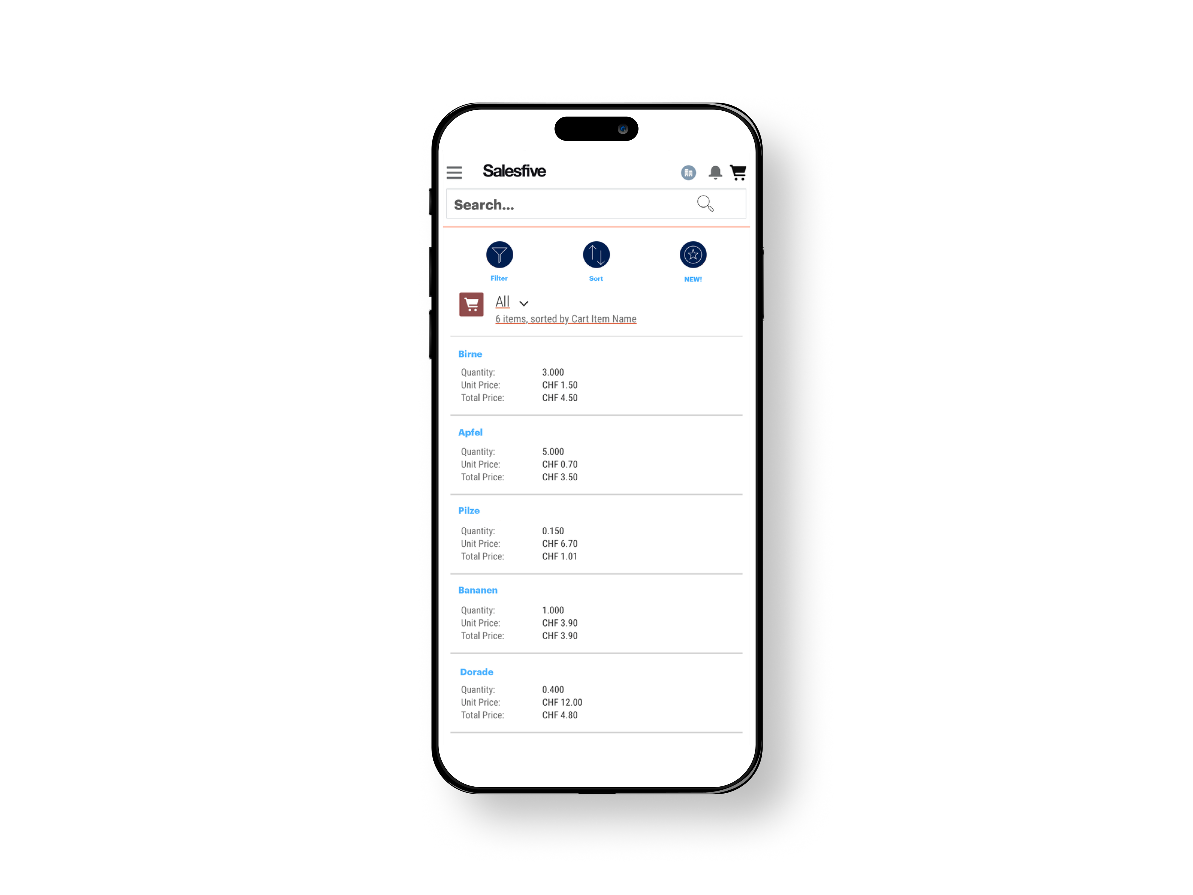 The screenshot of a smartphone shows a shopping cart in which various products from the supermarket are listed, including the quantity, unit price and total price. The products can be filtered and sorted via buttons.